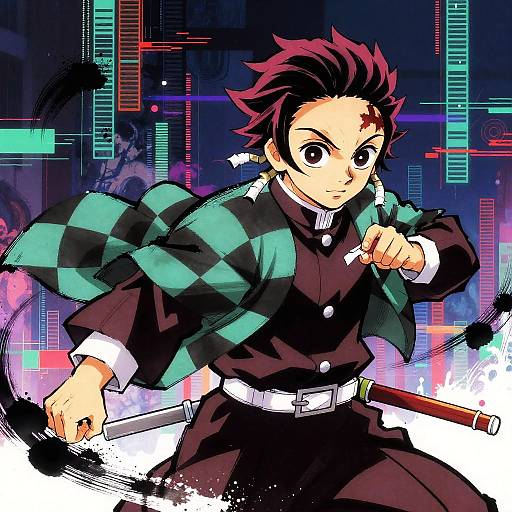 Digital anime-style drawing of a determined, red-haired male character in black and green checkered jacket, holding a sword, with neon cityscape background.