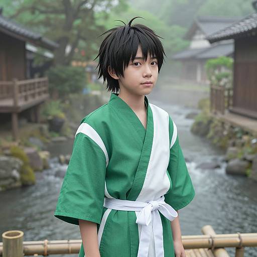 Young Asian boy with spiky black hair wearing a green and white kimono, standing by a misty Japanese village stream. Photorealistic CGI.