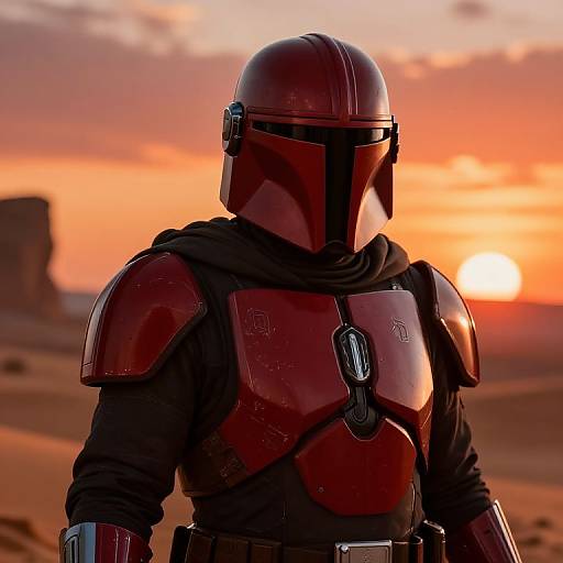 Photorealistic digital artwork of a Mandalorian in red armor with black scarf, helmet, and dog tag, standing against a vibrant orange sunset desert sky