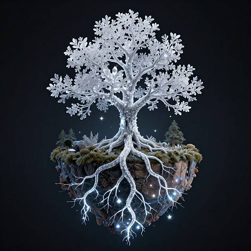 Digital artwork of a glowing, white, snow-like tree with illuminated roots, floating on a small, rocky island surrounded by stars.
