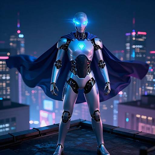 Neon AI Superhero Over Cityscape
