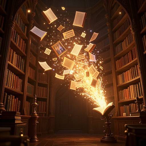 Photograph of a dimly lit, grand library with wooden shelves filled with books. Bright, glowing pages and sparks float mid-air, emanating from