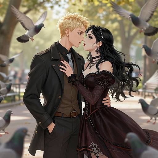 Digital anime-style illustration of a blonde man in a black suit and a black-haired woman in a gothic dress, kissing in a sunlit park surrounded