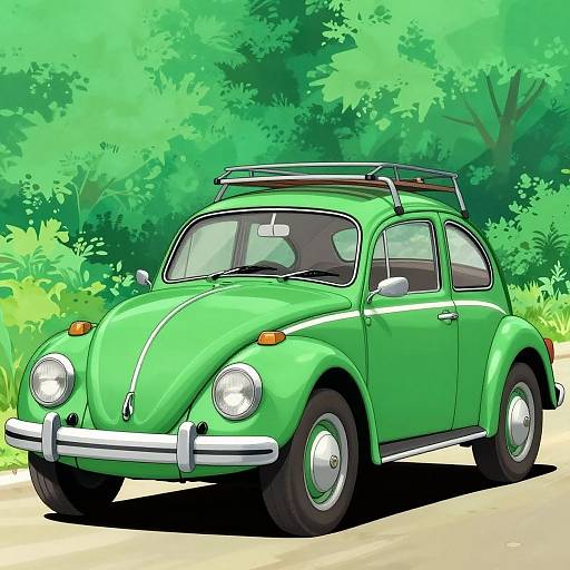 Digital illustration of a bright green vintage Volkswagen Beetle with a roof rack, parked on a sunny road surrounded by lush green foliage.