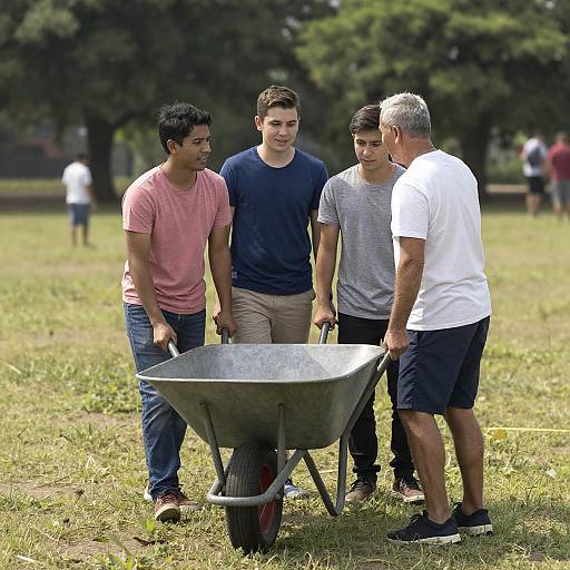 Men Pushing Wheelbarrow on Sunlit Field