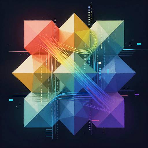 Digital artwork featuring overlapping, colorful, geometric triangles with vibrant red, yellow, green, blue, and purple hues, intersected by glowing, neon lines