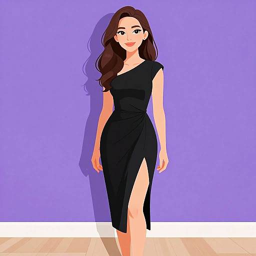 Digital illustration of a smiling woman with long brown hair, wearing a black, one-shoulder, high-slit dress, against a purple wall and
