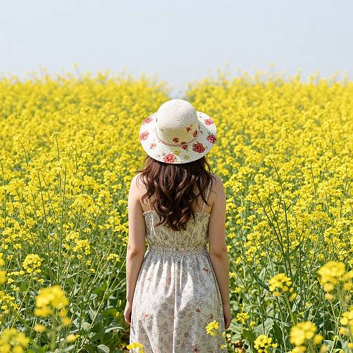 Photograph of a woman with long brown hair, wearing a white floral dress and wide-brimmed sunhat, standing in a vibrant yellow flower field