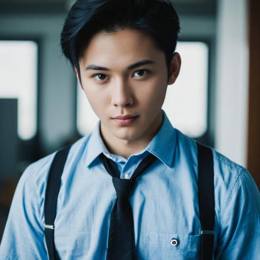 Young Asian Man Wearing Blue Shirt and Suspenders