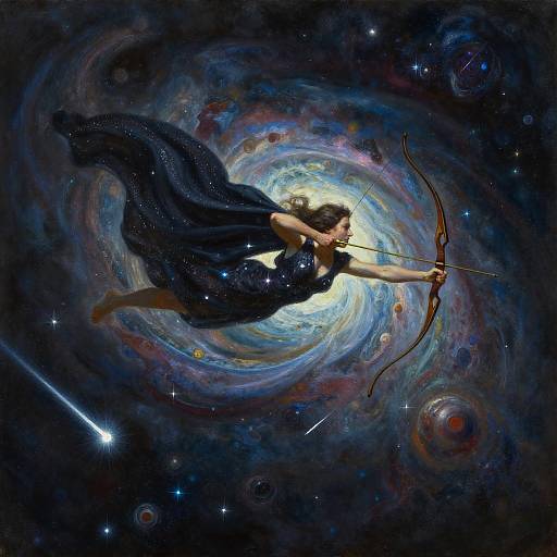 Digital artwork of a woman with flowing dark blue dress, drawing a bow, floating in a swirling galaxy with stars and planets.