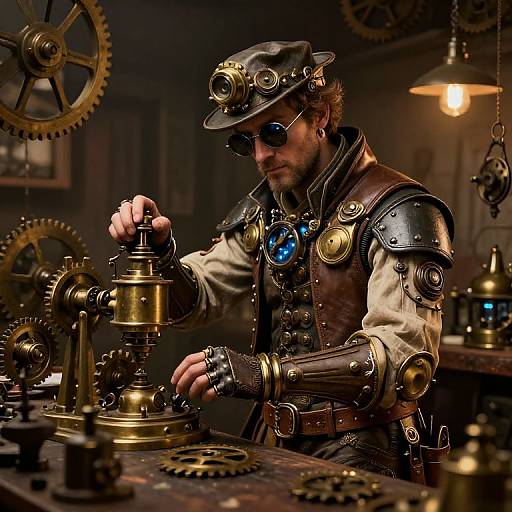 Photograph of a steampunk inventor with goggles, brown leather vest, brass gears, and mechanical arm, adjusting a brass device in a dimly