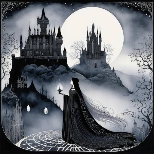 Sorceress with Dark Castles Under Full Moon