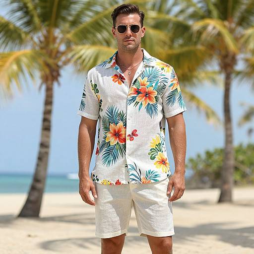 Photograph of a muscular man with short dark hair, sunglasses, wearing a white Hawaiian shirt with colorful floral patterns and white shorts, standing on a sunny