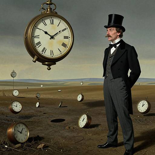 Photograph of a mustachioed man in 19th-century attire, black top hat, standing in a desert with floating antique clocks, large