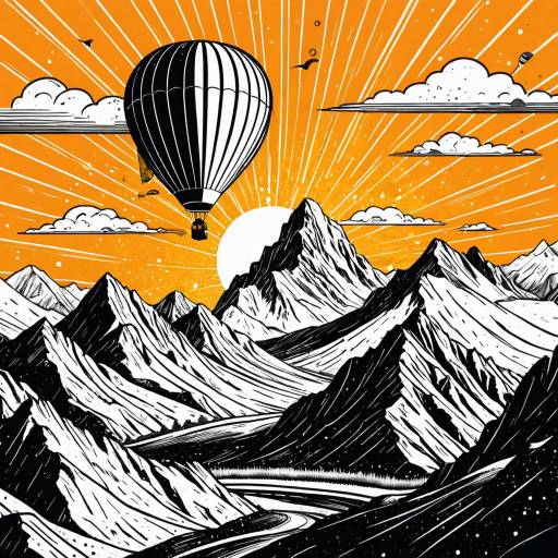 Comic-Style Hot Air Balloon Over Mountains