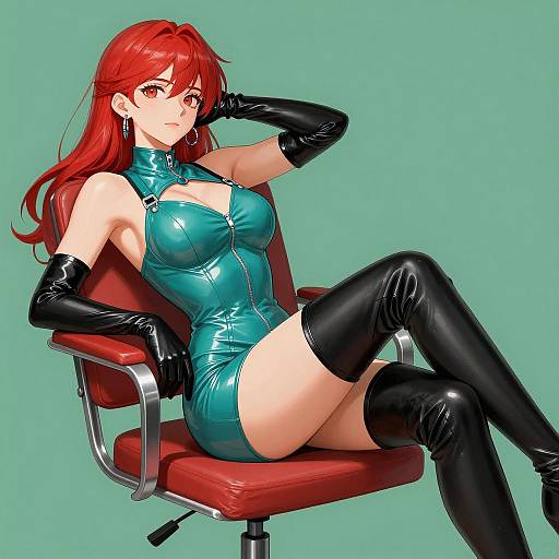 Anime Woman in Teal Latex Bodysuit