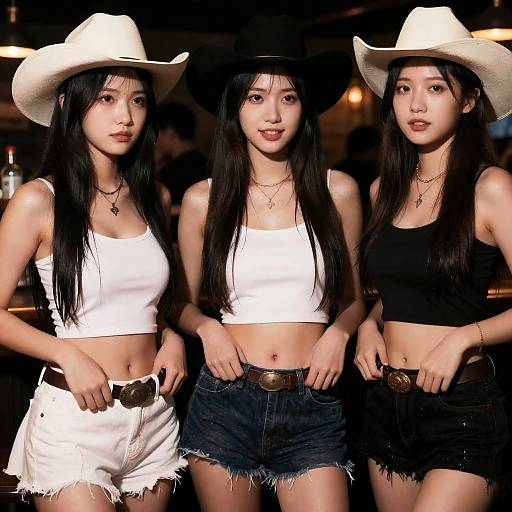 Three young women in cowboy hats at bar