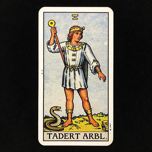 Illustrated Tarot card featuring a Roman soldier in white tunic, gold crown, and staff, standing on yellow grass, labeled 