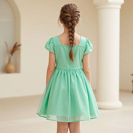 Photograph of a young girl with a long braided brown hair, wearing a mint green, short-sleeved, flared dress, standing with
