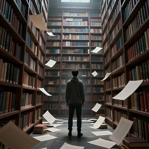 Photograph of a lone man in a dark jacket standing in a vast, dimly lit library with flying papers and towering bookshelves.