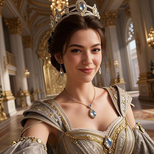 Photorealistic digital artwork of a smiling young woman in an ornate, medieval-style gown with a jeweled crown and necklace, standing in a grand