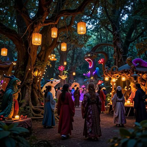 Photograph of a magical, evening garden market with glowing lanterns, colorful, whimsical decorations, and silhouetted people in vibrant, traditional