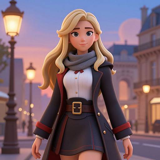 Digital 3D illustration of a cute, blonde, blue-eyed woman in a black coat, gray scarf, white blouse, and black skirt, standing