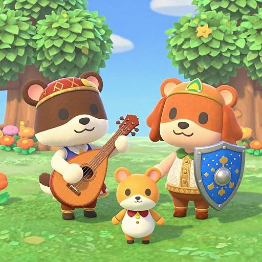 Digital illustration of three cute, chibi-style animal characters: a bear playing a guitar, a dog with a shield, and a small fox, standing