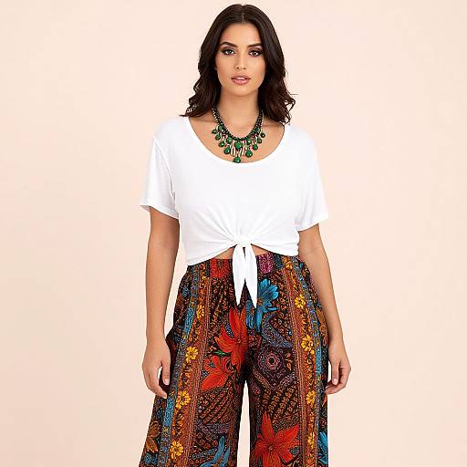 Photograph of a woman with dark wavy hair, wearing a white tied-knot top, colorful floral pants, and a green statement necklace, standing