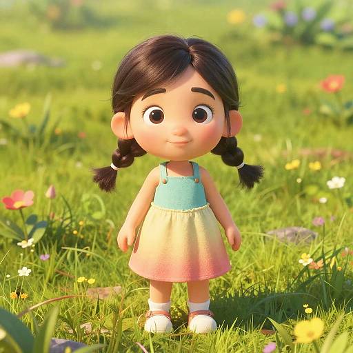CGI image of a cute, young girl with dark braided hair, large eyes, wearing a light blue and pink dress, standing in a sunny