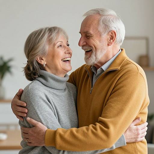 Photograph of an elderly couple smiling, embracing warmly; the woman in a gray turtleneck, the man in a mustard zip-up sweater.
