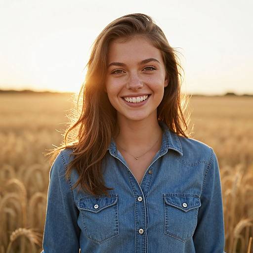 Smiling Woman in Wheat Field Sunset
