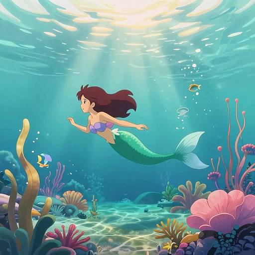 Digital illustration of a green mermaid with flowing brown hair, purple seashell top, swimming underwater surrounded by colorful coral and sea creatures. Sunlight