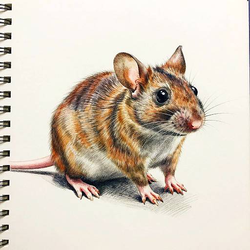 Detailed digital drawing of a brown and white rat with black eyes, pink claws, and a striped tail, on a white background with a spiral notebook border