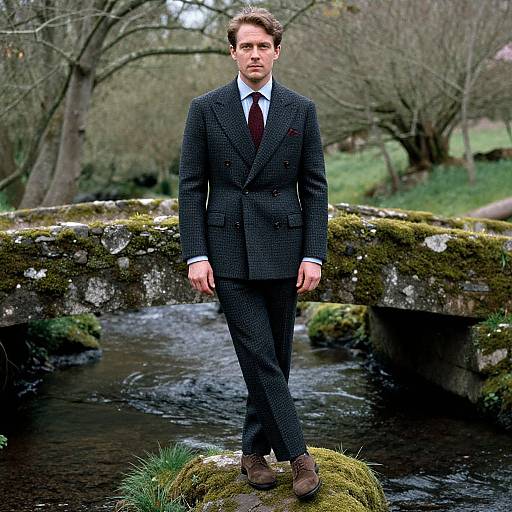 Photograph of a handsome man in a black checkered suit, white shirt, and maroon tie, standing on mossy rock in a serene,