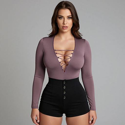 Photograph of a brunette woman with long hair, wearing a purple lace-up bodysuit and black high-waisted shorts, against a plain gray