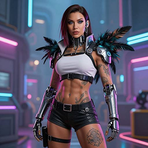 Cyberpunk woman with short brown hair, white crop top, black shorts, metallic arm and shoulder armor, feather details, and tattoos, stands in