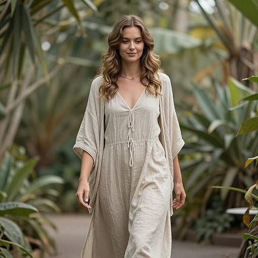 Photograph of a woman with wavy brown hair in a beige, V-neck, long-sleeve, tie-front dress, walking through a lush