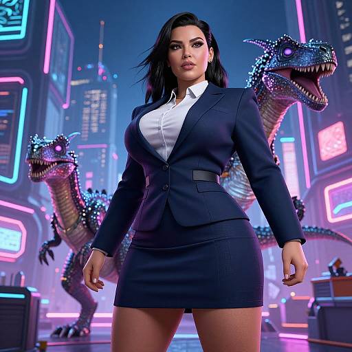 CGI image of a confident woman in a navy suit and white shirt, standing in a neon-lit city at night, with two giant, glowing