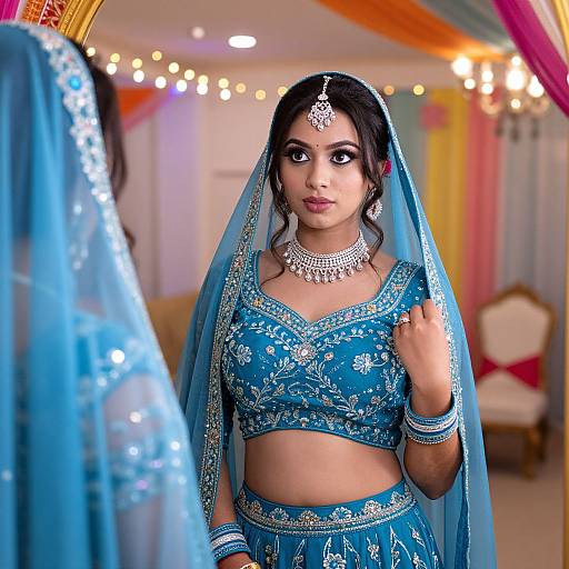 Photograph of a South Asian bride in a blue floral lehenga and matching crop top, adorned with silver jewelry, standing in a brightly decorated room with