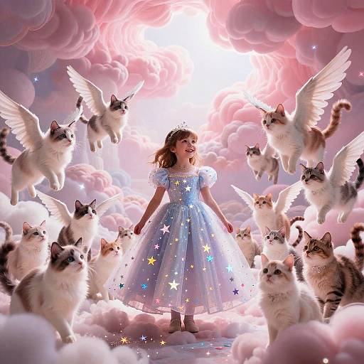 Magical illustration of a girl in a starry blue dress, surrounded by flying winged cats, amidst pink clouds and a radiant sunburst. Fantasy