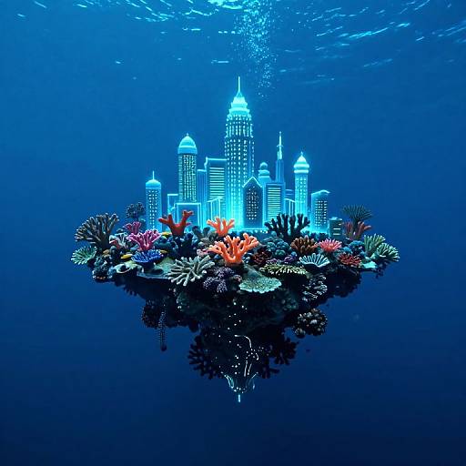 Digital artwork of a glowing blue underwater city with vibrant coral reefs, surrounded by dark blue ocean, illuminated by light from skyscrapers.