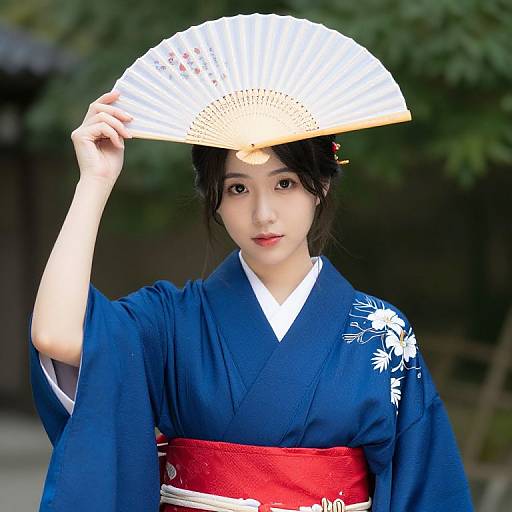 Woman in Blue Kimono with Fan