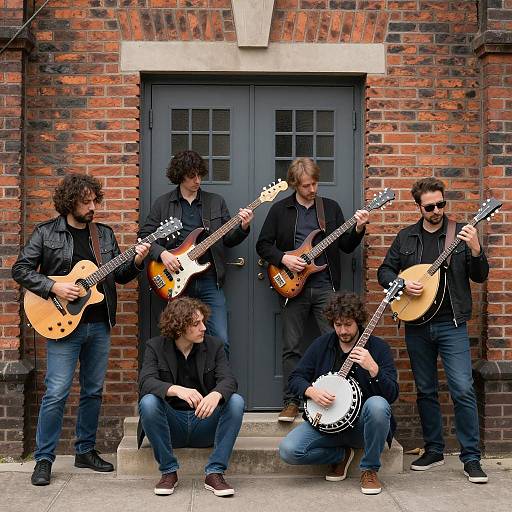 Men Jamming in Front of Brick Building