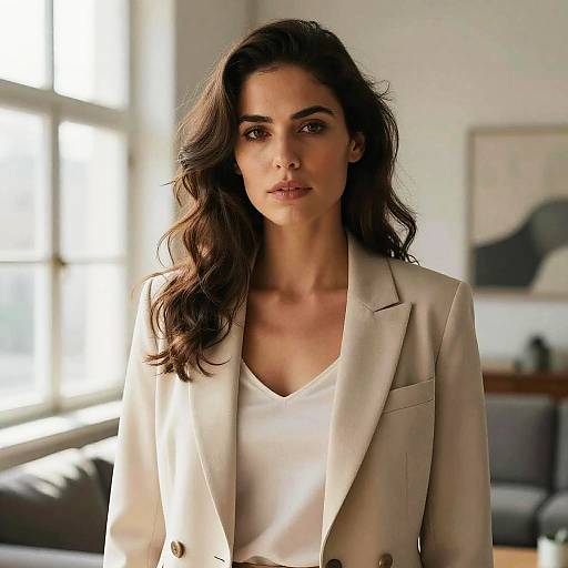 Serious Woman in Beige Blazer