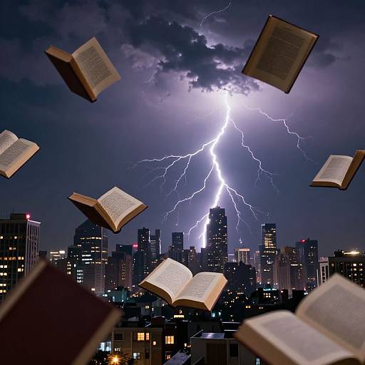 Surreal Books Amidst Lightning Urban Skyline