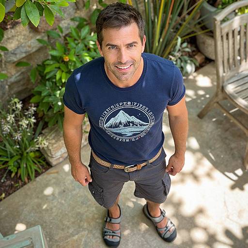 Photograph of a smiling, middle-aged man with short dark hair, wearing a navy t-shirt with mountain graphic, gray shorts, and sandals, standing