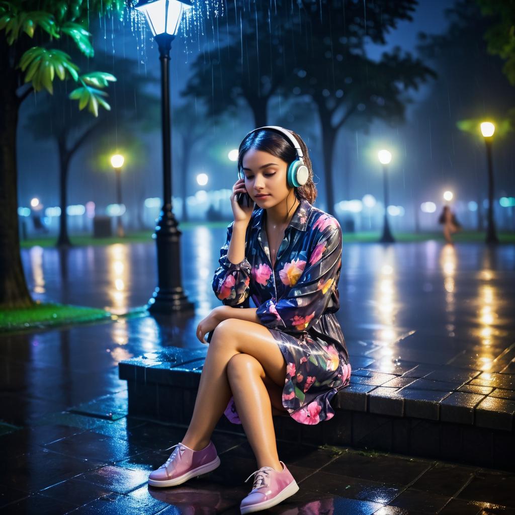 Rainy Night in the Park with Headphones