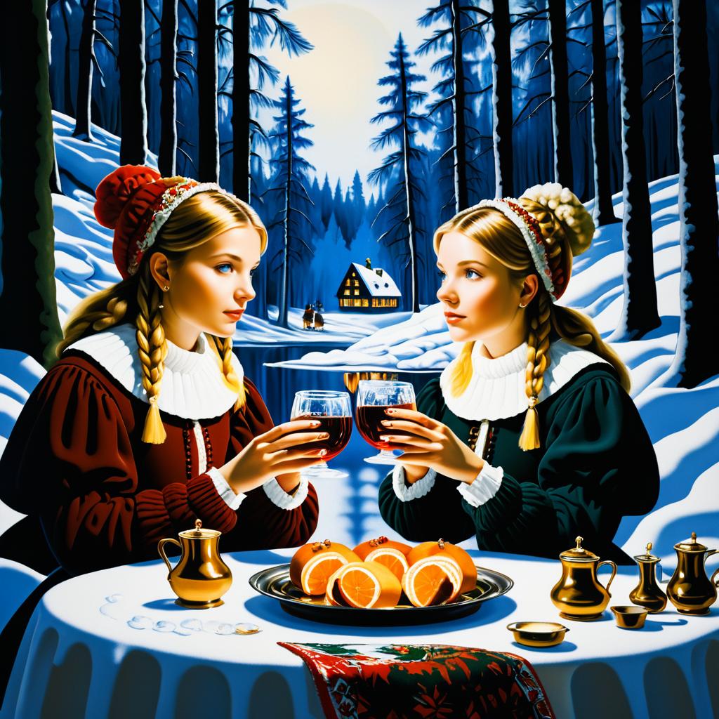 Swedish Women Enjoying Glögg in Snow