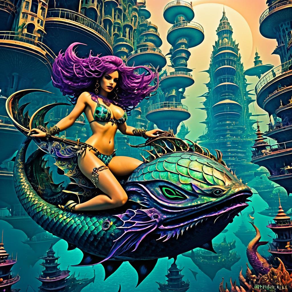 Trippy Mermaid Riding a Kraken Underwater